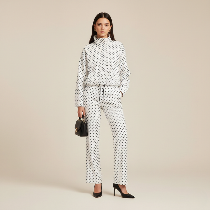 Woman wearing a polka dot outfit on a beige background