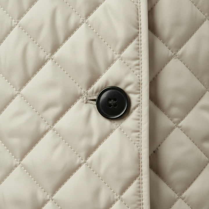 Close-up of quilted jacket fabric showing diamond stitching and front button detail.