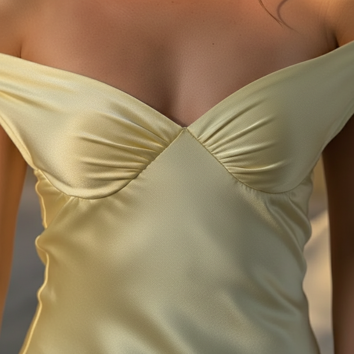 Close-up of a person wearing a light green off-shoulder top with a blurred background
