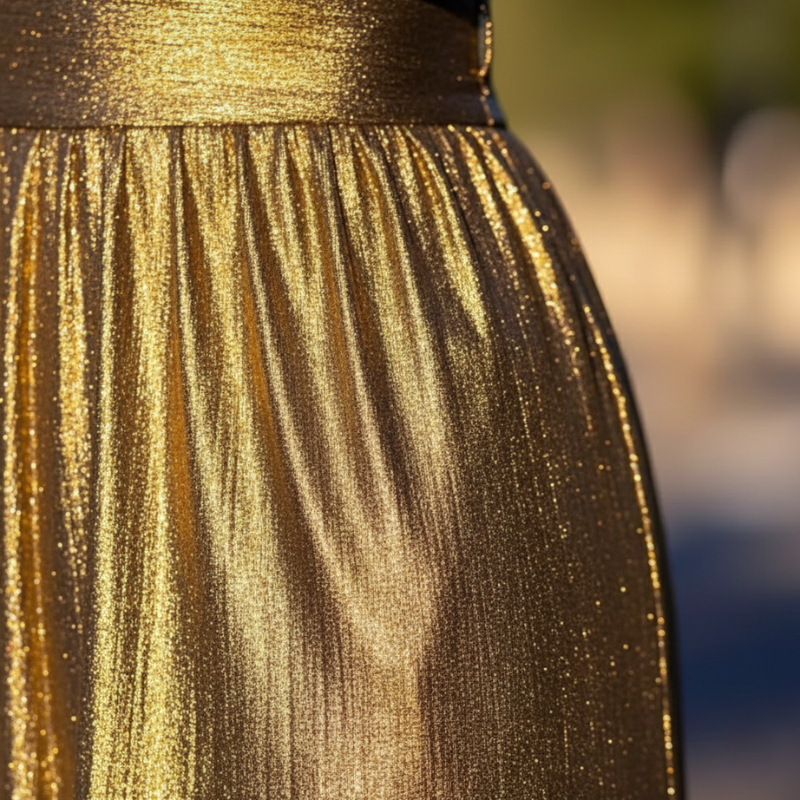 Close-up of gold satin jumpsuit fabric showing pleated waist, soft shine, and smooth texture.