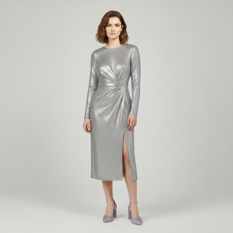 Woman wearing a silver sequin dress on a plain background