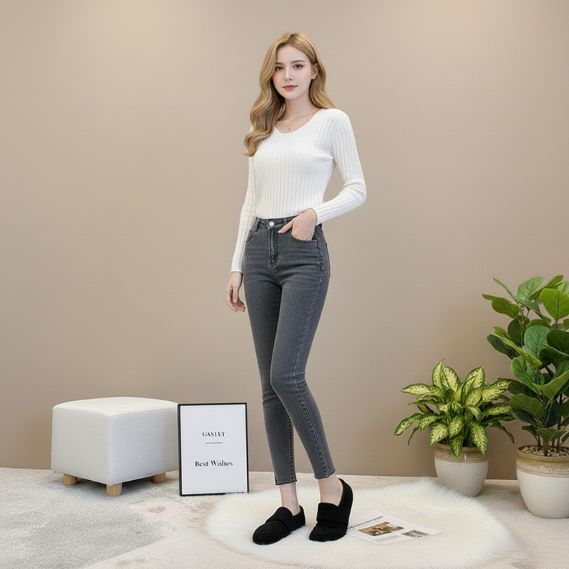 Woman wearing a white sweater and gray jeans standing in a room with plants and a small table.