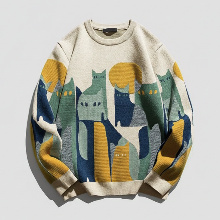 Sweater with cat pattern on a light gray background