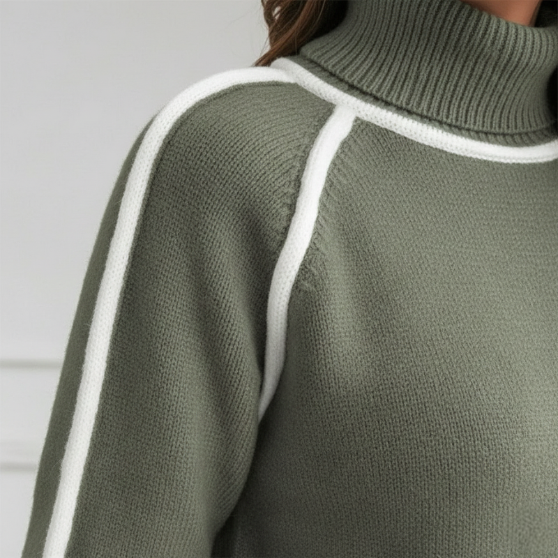 Close-up shot of the green sweater showing the white contrast trim along the shoulder, sleeve, and mock neck.