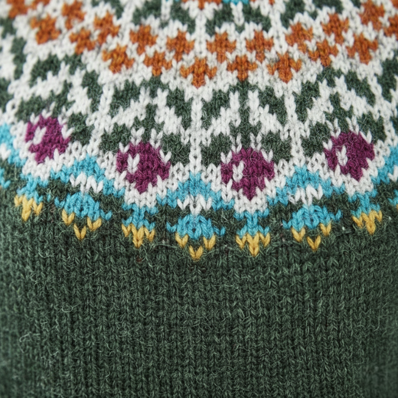 Close-up of the sweater’s colorful knitted yoke pattern showing texture, stitching, and multicolor design.