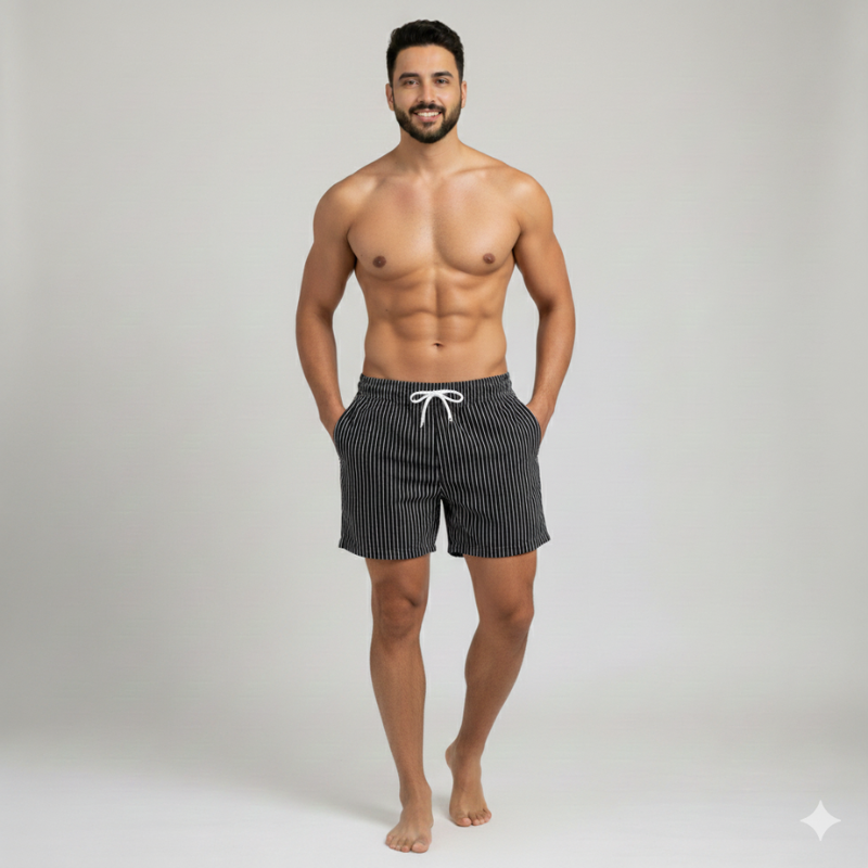 Man wearing black striped swim shorts on a gray background
