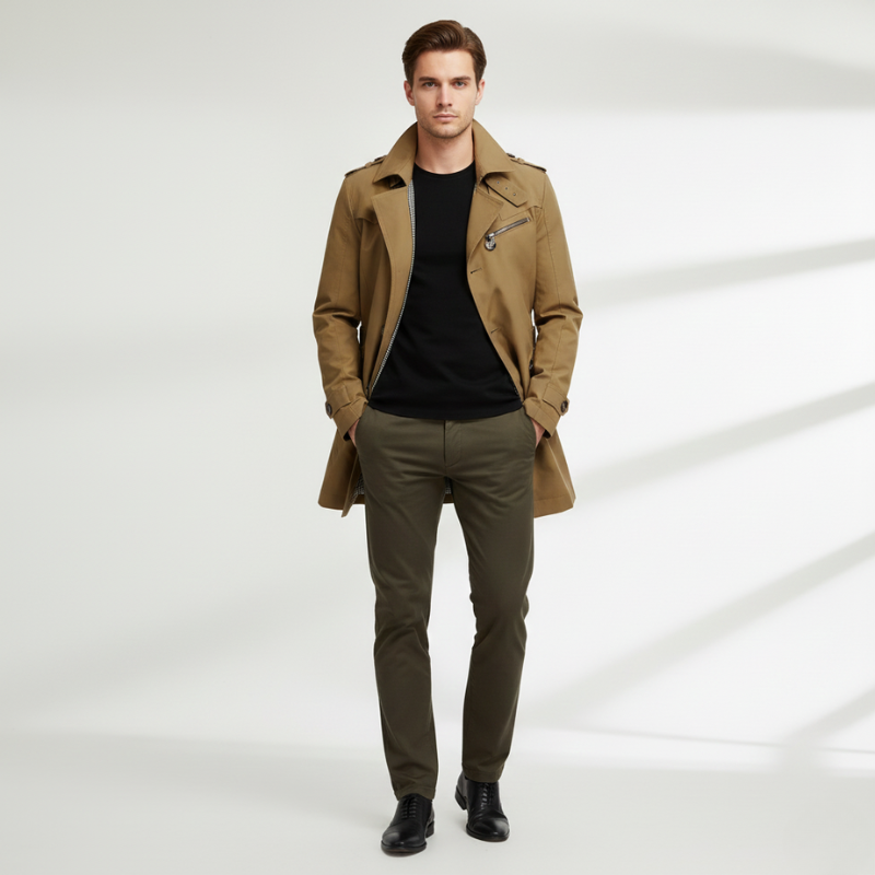 Man wearing a brown coat, black shirt, and green pants on a white background