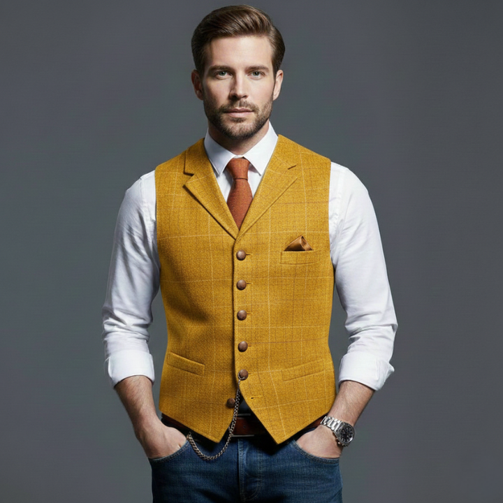 Close-up of a gray tweed waistcoat showing textured fabric, brown buttons, and orange pocket square.