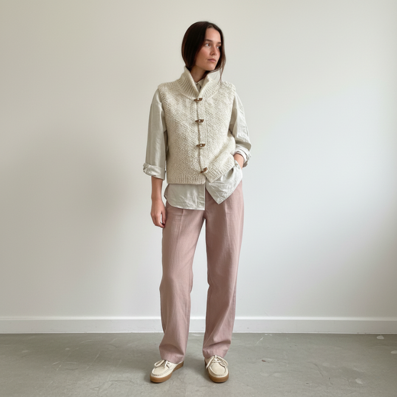 Woman wearing a light-colored jacket and pink pants against a plain background