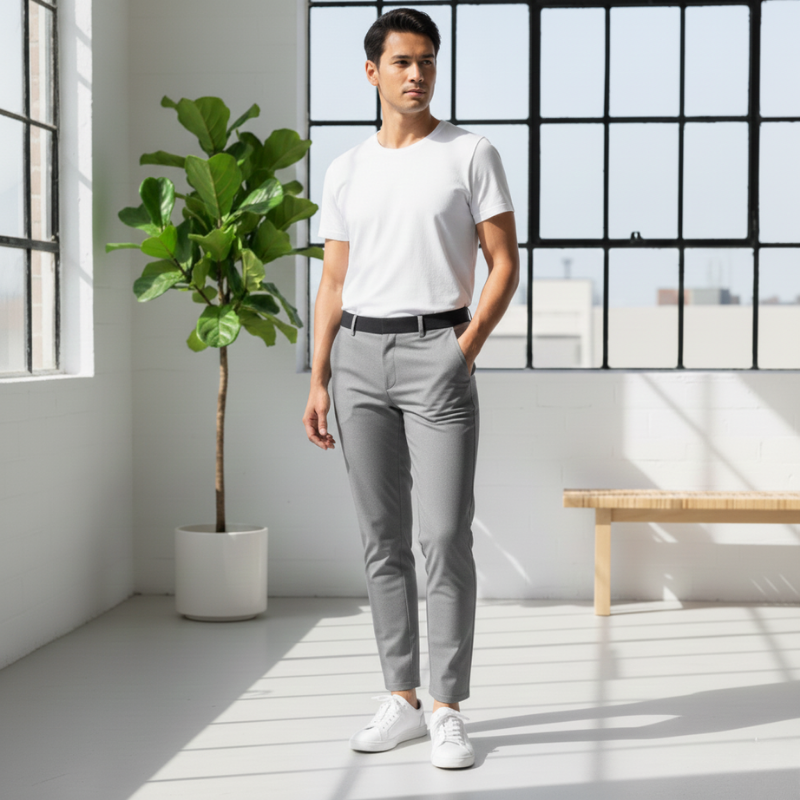 Man wearing a white t-shirt and gray pants standing in a bright room with large windows.