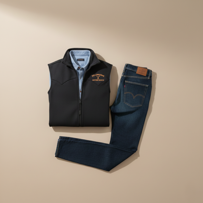 Black western vest with gold embroidery combined with denim shirt and trousers laid flat on a light background.
