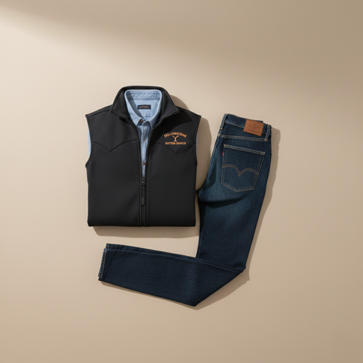Black western vest with gold embroidery combined with denim shirt and trousers laid flat on a light background.