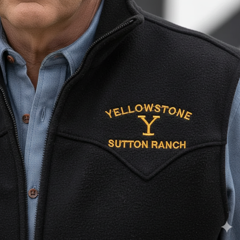 Close-up of the gold embroidery and fabric texture of a black western vest with visible collar and seam detail.