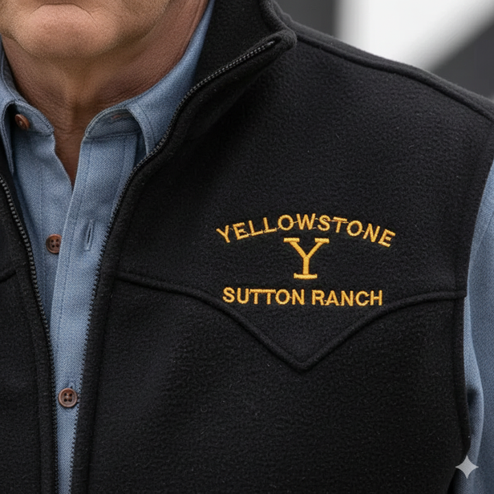 Close-up of the gold embroidery and fabric texture of a black western vest with visible collar and seam detail.