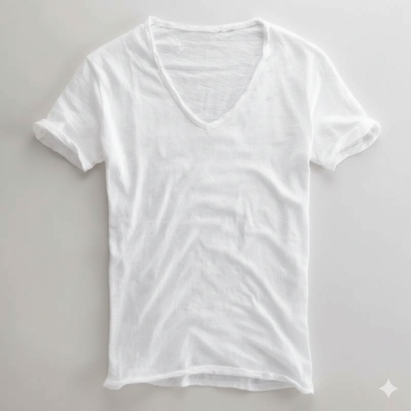 Flatlay of a white V-neck T-shirt showing soft lightweight fabric and relaxed drape on a neutral background.
