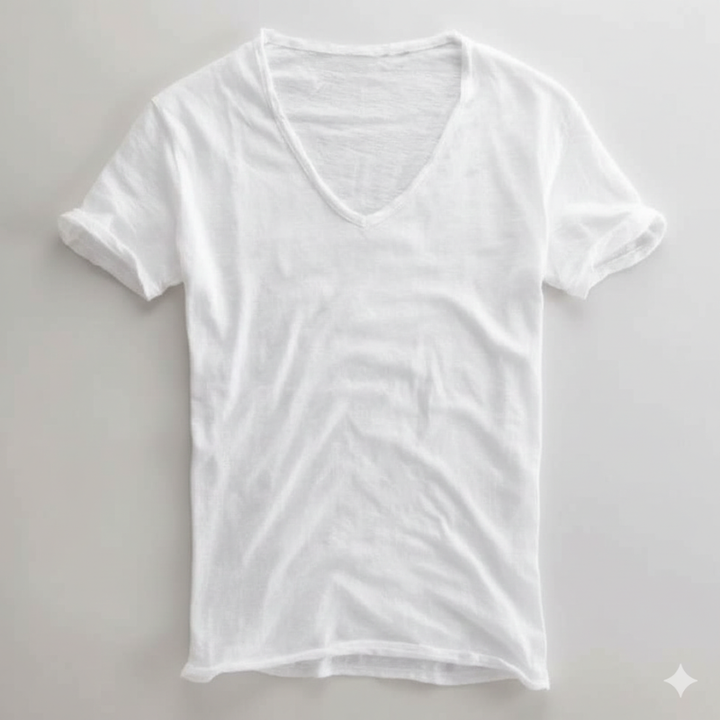 Flatlay of a white V-neck T-shirt showing soft lightweight fabric and relaxed drape on a neutral background.