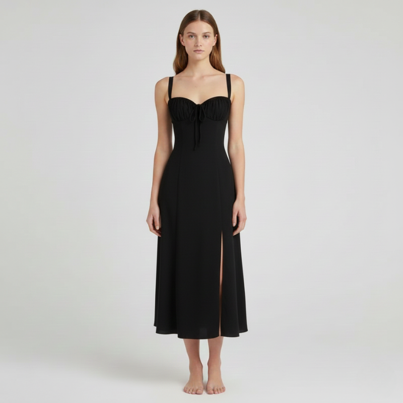 Woman wearing a black dress with a slit on a white background