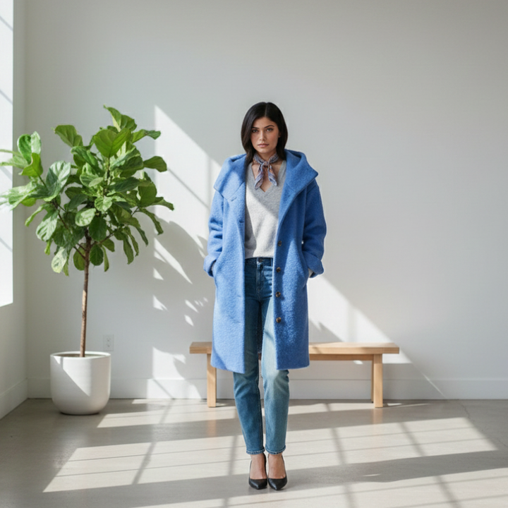 Woman wearing a blue coat standing in a bright room with a plant and bench.