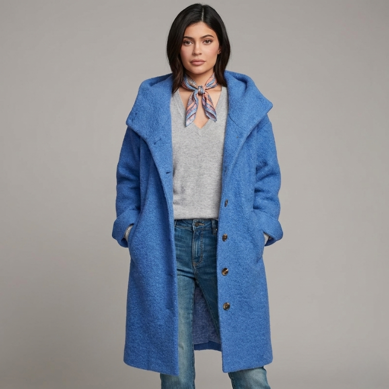 Woman wearing a blue coat with a gray sweater and jeans on a gray background