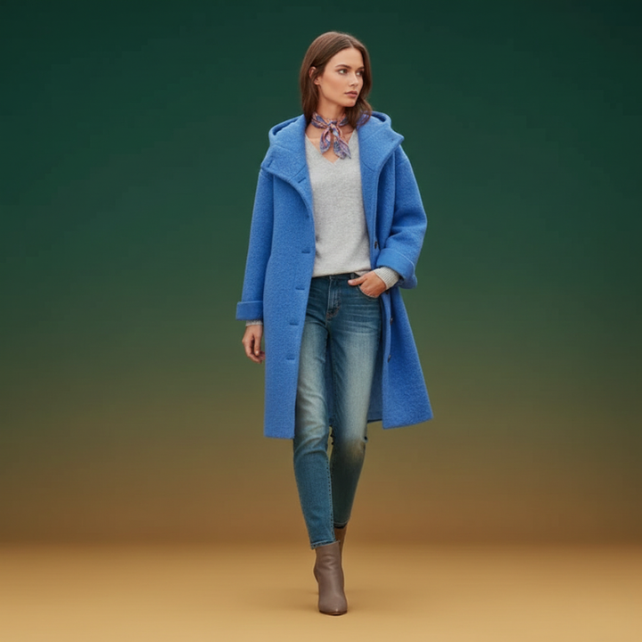 Woman wearing a blue coat and jeans on a gradient background