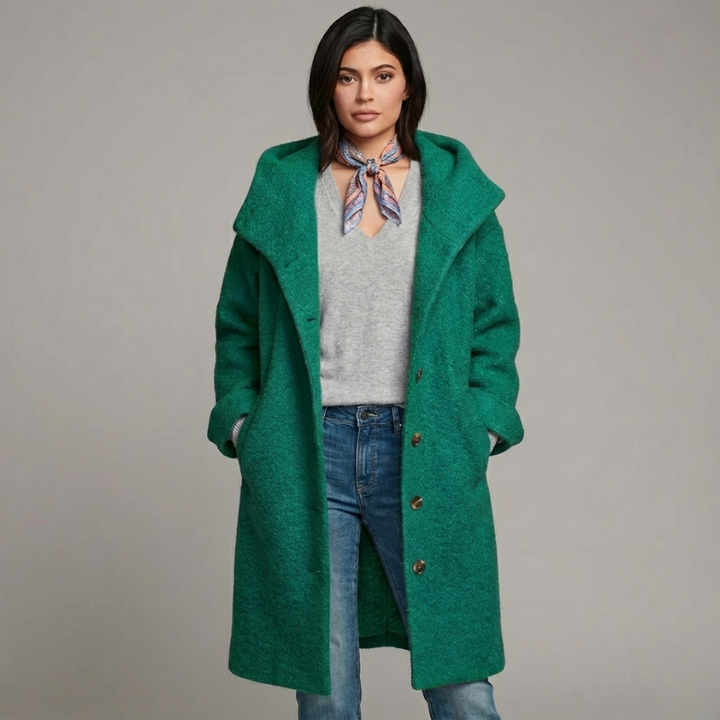 Woman wearing a green coat over a gray sweater and blue jeans on a gray background