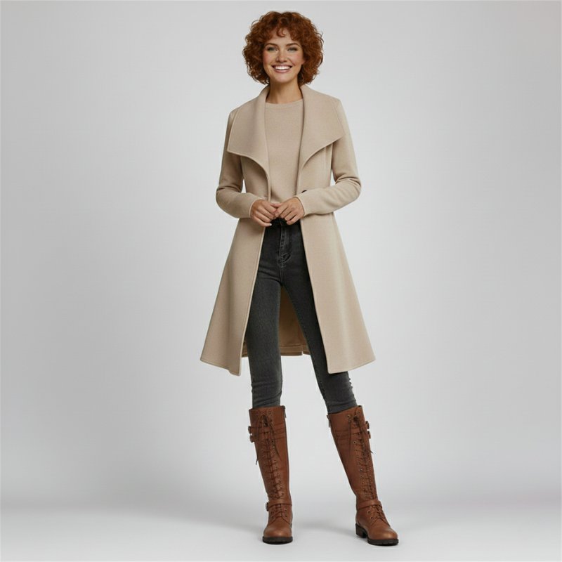 Woman wearing a beige coat, black pants, and brown boots on a light gray background