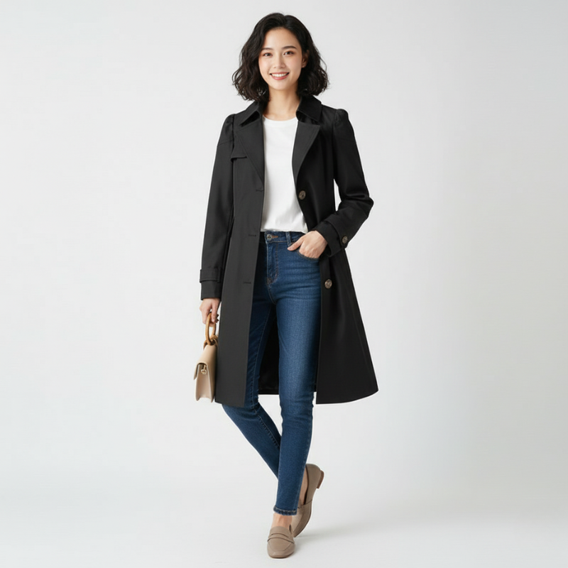 Female model walking in a black long coat styled with casual layers in bright studio light.