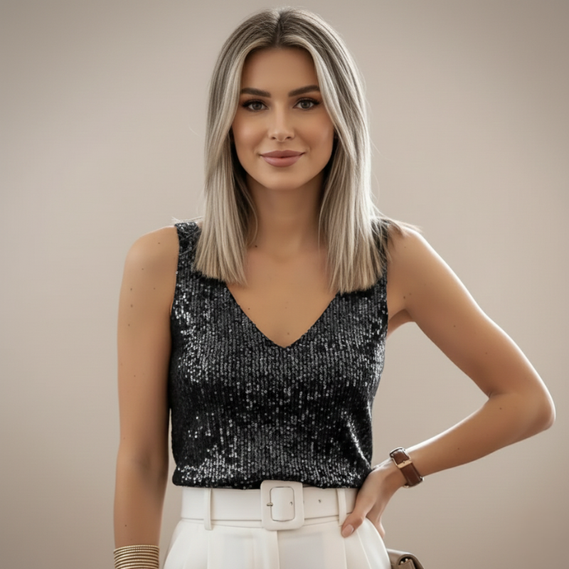 Female model in a black V-neck sequin top styled with white pants.
