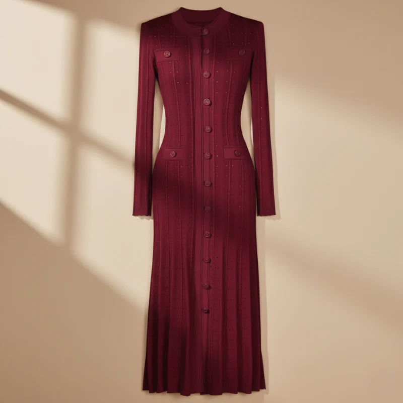 Flat lay of burgundy long button-front maxi dress showing full-length design and front buttons