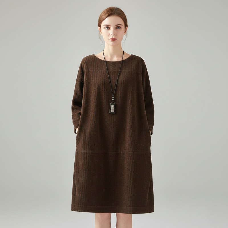 Female model in a brown long-sleeve oversized dress with pockets in soft studio lighting.