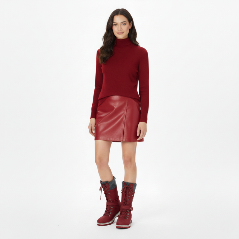 Woman walking in a red sweater and burgundy skirt styled for a casual fall outfit.