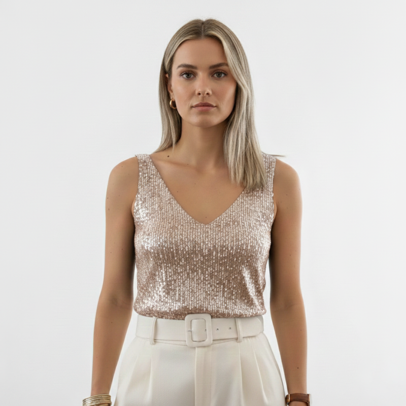 Woman wearing a champagne-colored sequin V-neck sleeveless top styled with white pants in bright studio lighting.