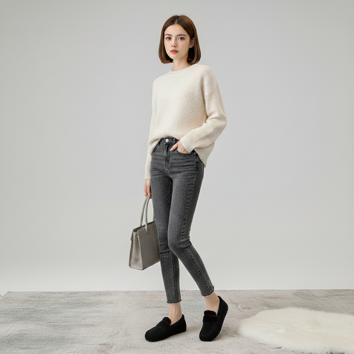 Woman wearing a cream sweater, gray jeans, and black shoes, holding a gray handbag on a plain background.