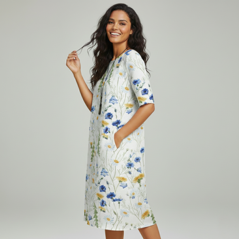 Woman wearing a floral A-line midi dress with pockets and a relaxed fit in a neutral indoor setting.