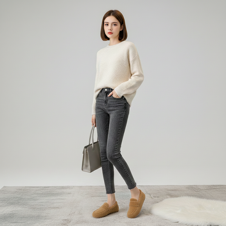 Woman wearing a cream sweater, gray pants, and brown shoes, holding a gray handbag on a light gray background.
