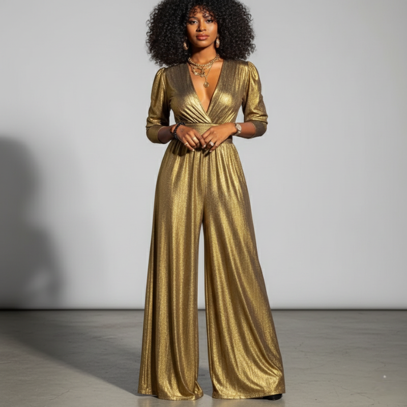 Female model wearing a gold satin wide-leg jumpsuit with a deep neckline and elegant fitted waist.