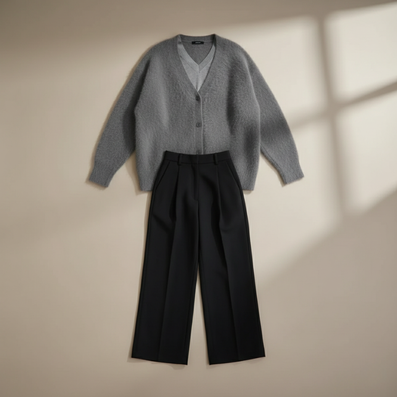 Flatlay of a gray knit cardigan paired with black wide-leg pants displayed in soft natural lighting.