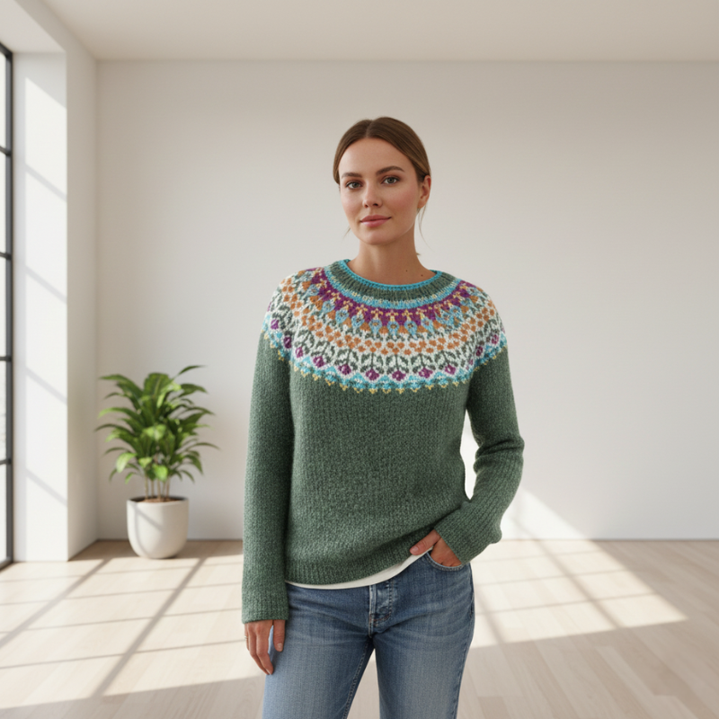 Full-body photo of a woman wearing a green knit sweater with a colorful patterned yoke in a bright indoor setting.