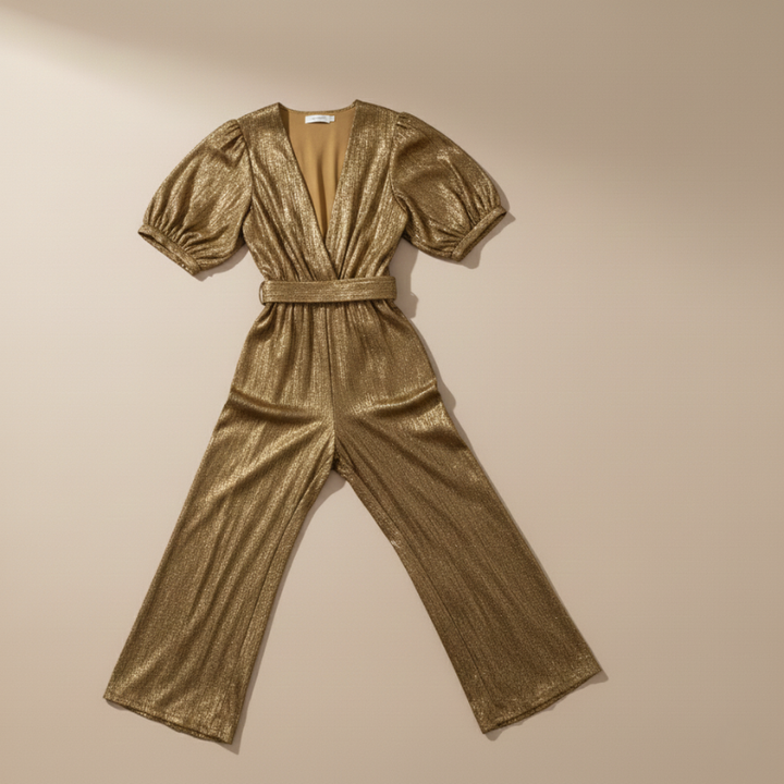 Woman walking in a green satin jumpsuit with a deep V-neckline and flowing wide-leg design.