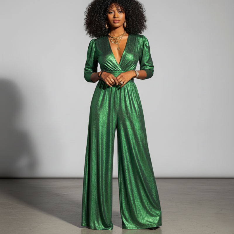 Woman wearing a green satin wide-leg jumpsuit with a deep V-neck and fitted waist in bright studio lighting.