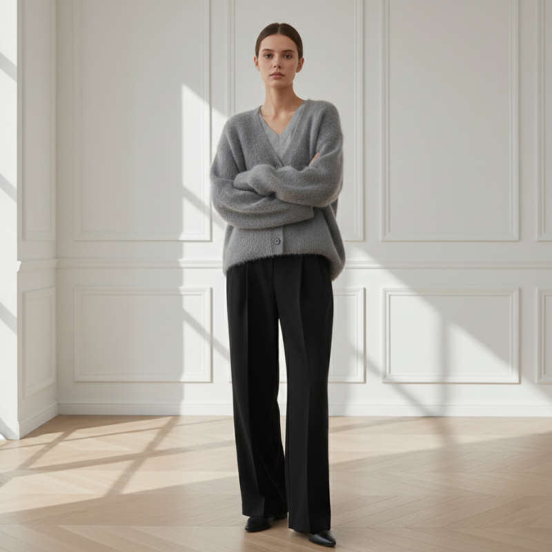 Woman standing indoors near a window wearing a gray knit cardigan styled with black pants in natural light.