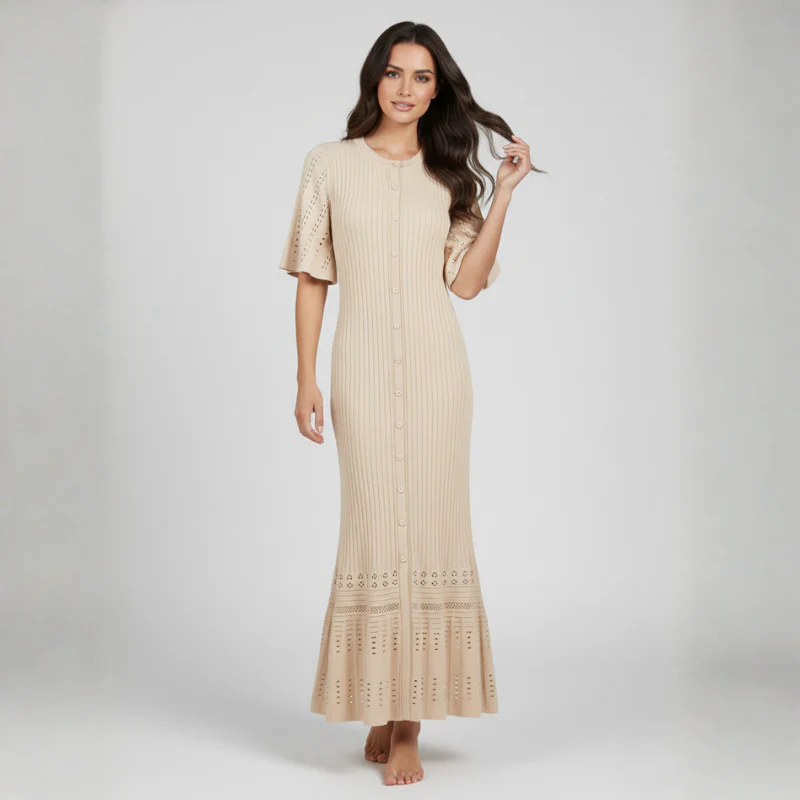 Woman wearing a beige dress with lace details on a white background