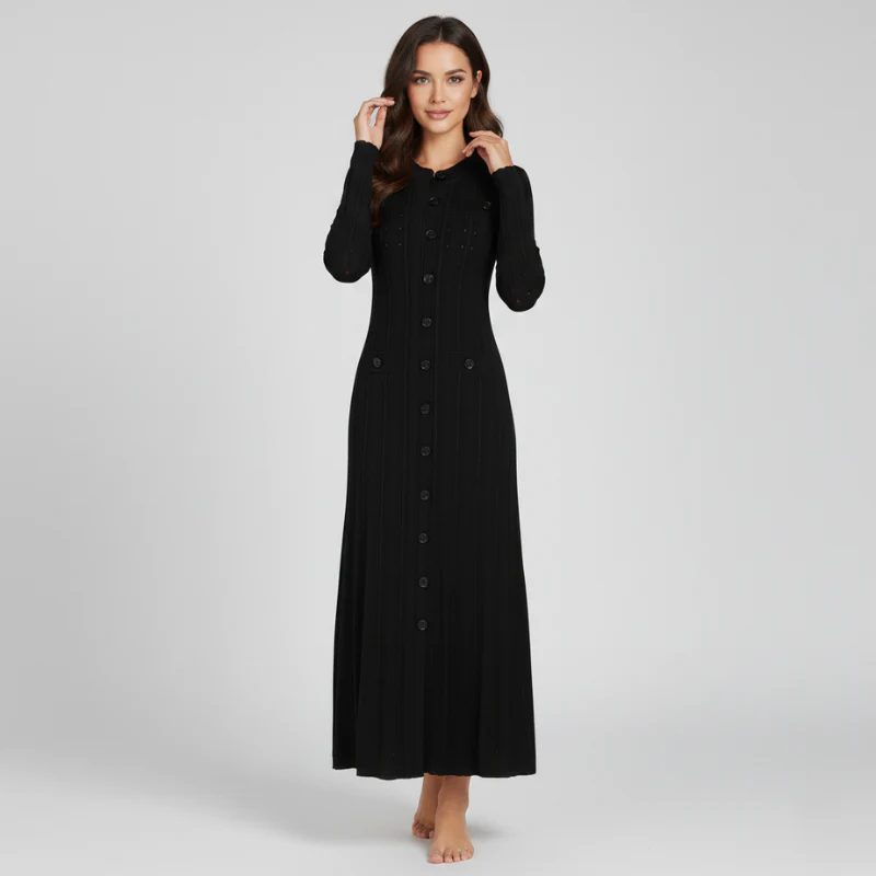 Black button-front maxi dress with long sleeves and floor-length flow