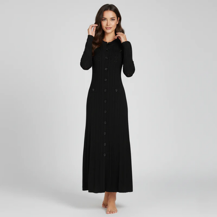 Black button-front maxi dress with long sleeves and floor-length flow