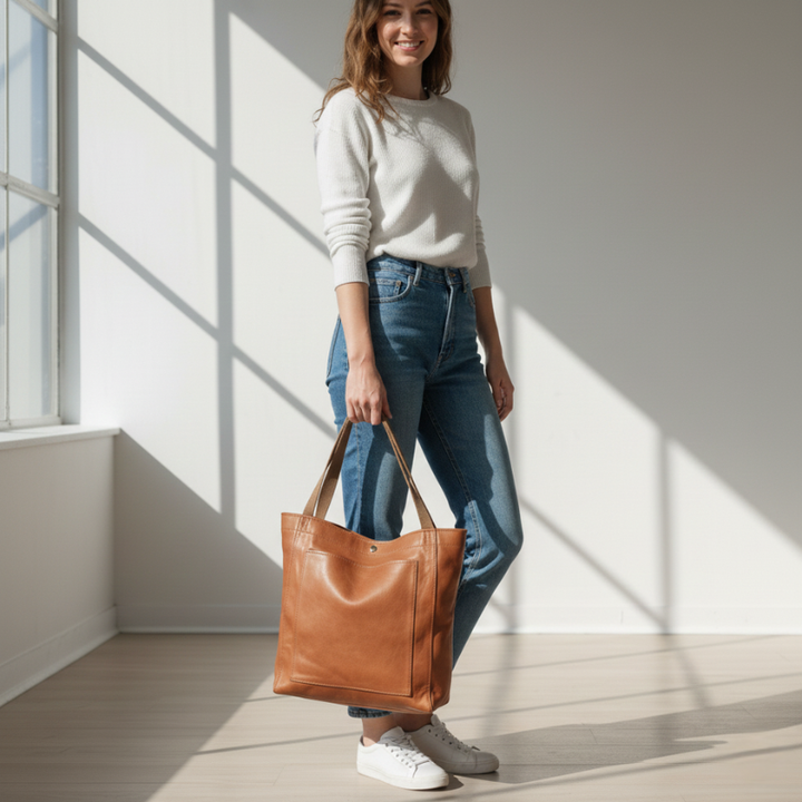 Woman holding a brown leather tote bag indoors with natural window lighting in a minimal modern setting.