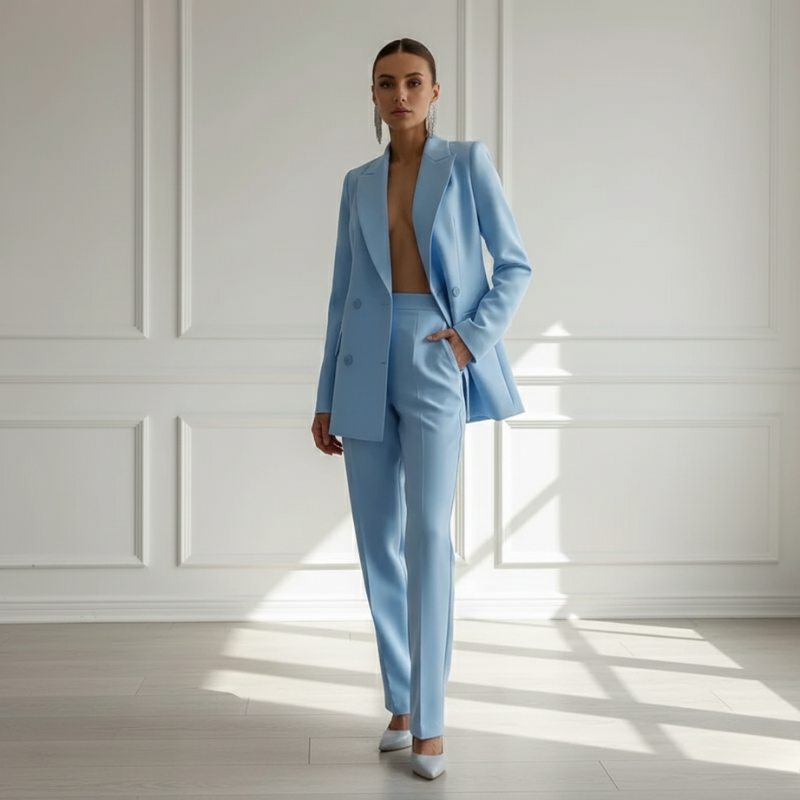 Model wearing a light blue women’s pantsuit with a tailored blazer and slim-fit trousers in a bright studio setting.
