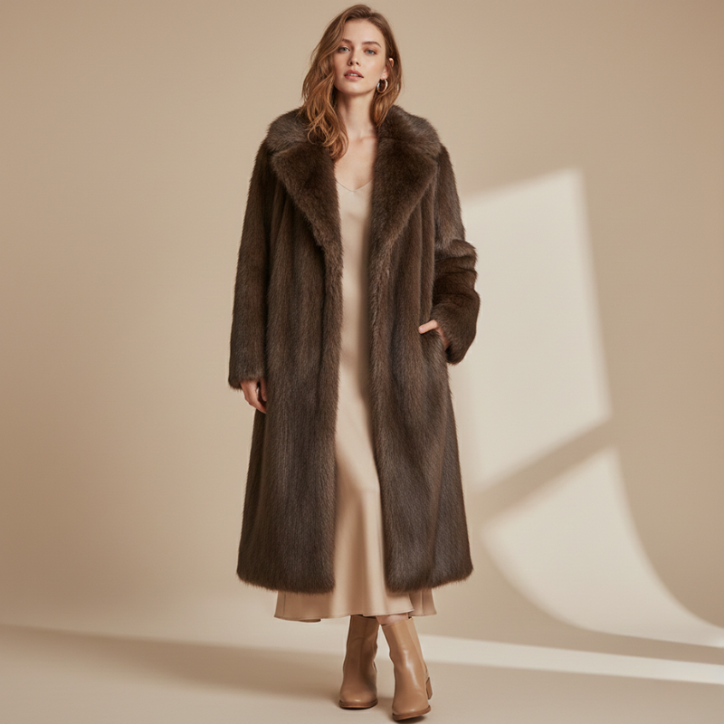 Woman wearing a long brown fur coat on a beige background