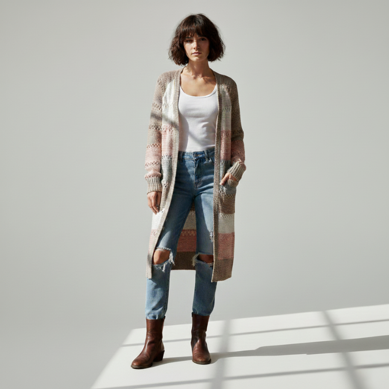 Woman wearing a long patchwork knit cardigan in soft neutral tones styled with jeans and a white tank in natural studio lighting.