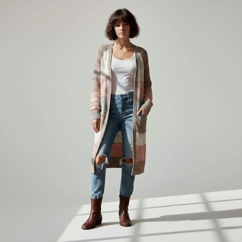 Female model standing in a long patchwork cardigan paired with blue jeans and a white top in a bright studio.