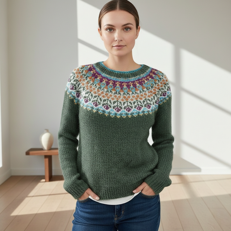 Woman wearing a green winter sweater with multicolor yoke design, standing in soft natural room lighting.